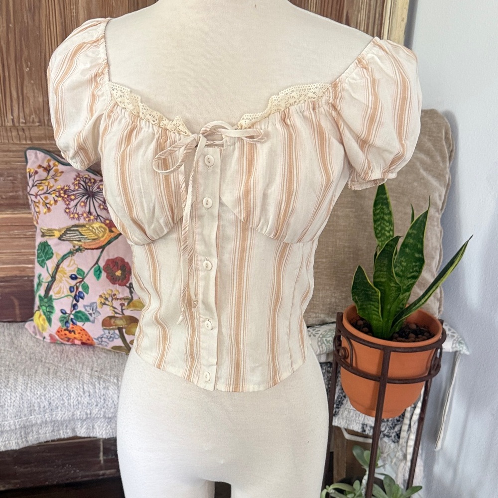 Striped Corset Style Cream Puff Sleeve Top